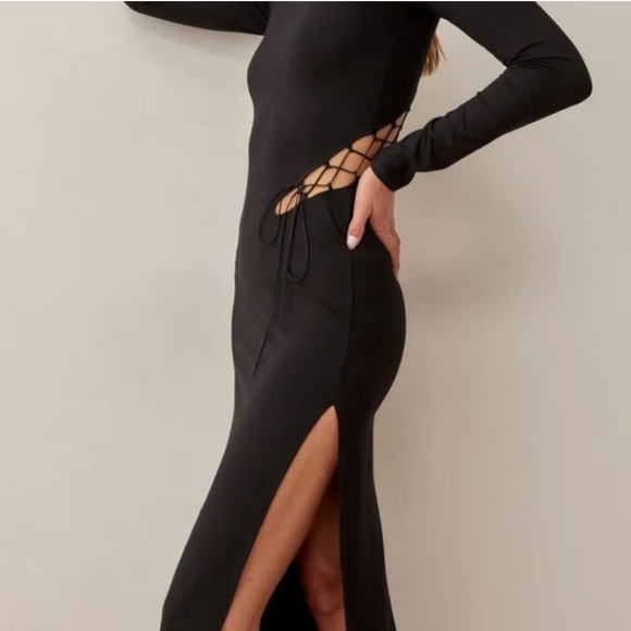 Reformation Kinsey Knit Long Sleeve Dress Size Large in Black Lace Up Cut Outs - Picture 3 of 10